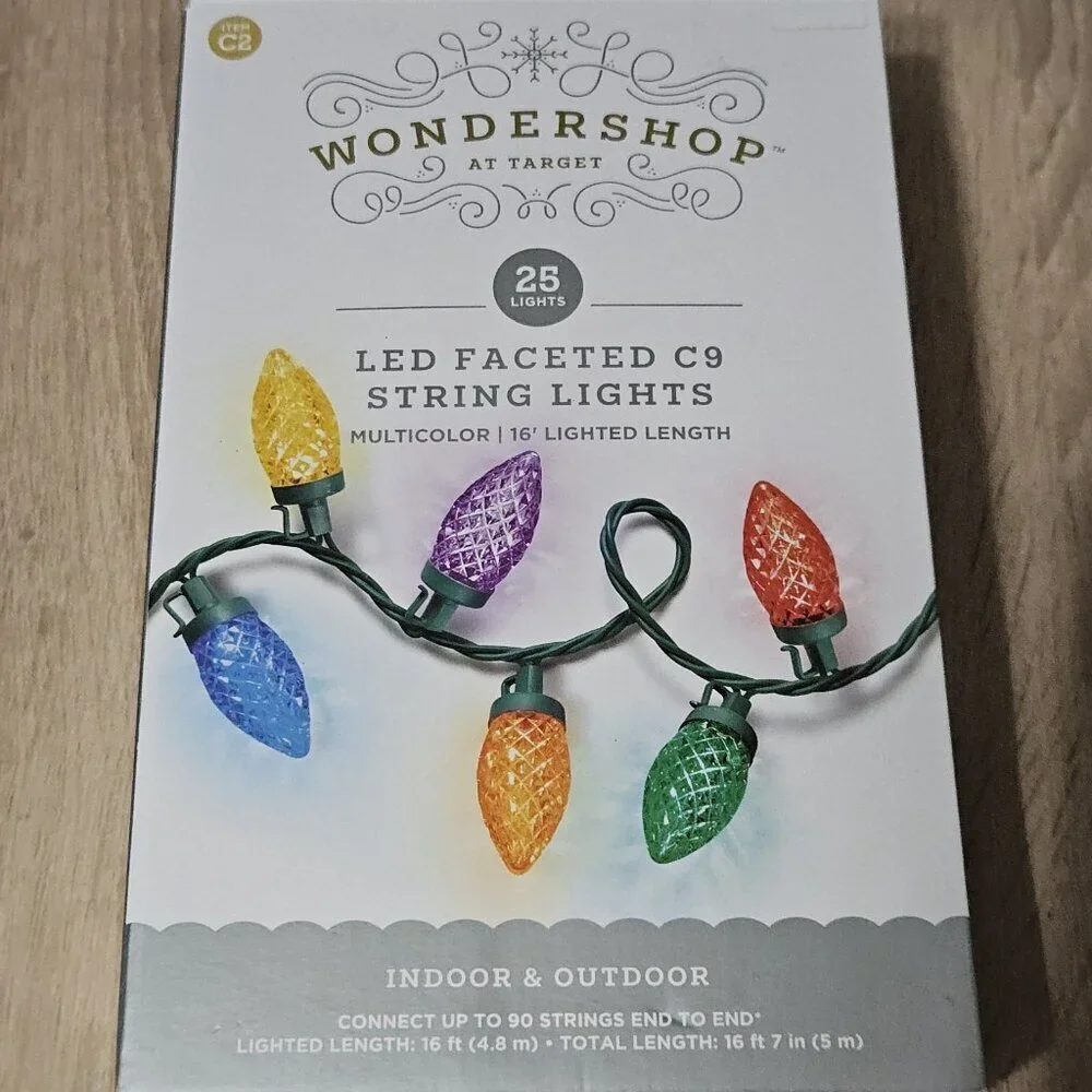 2 New WONDERSHOP 25 Multi-Color Faceted LED Christmas String Lights 16'